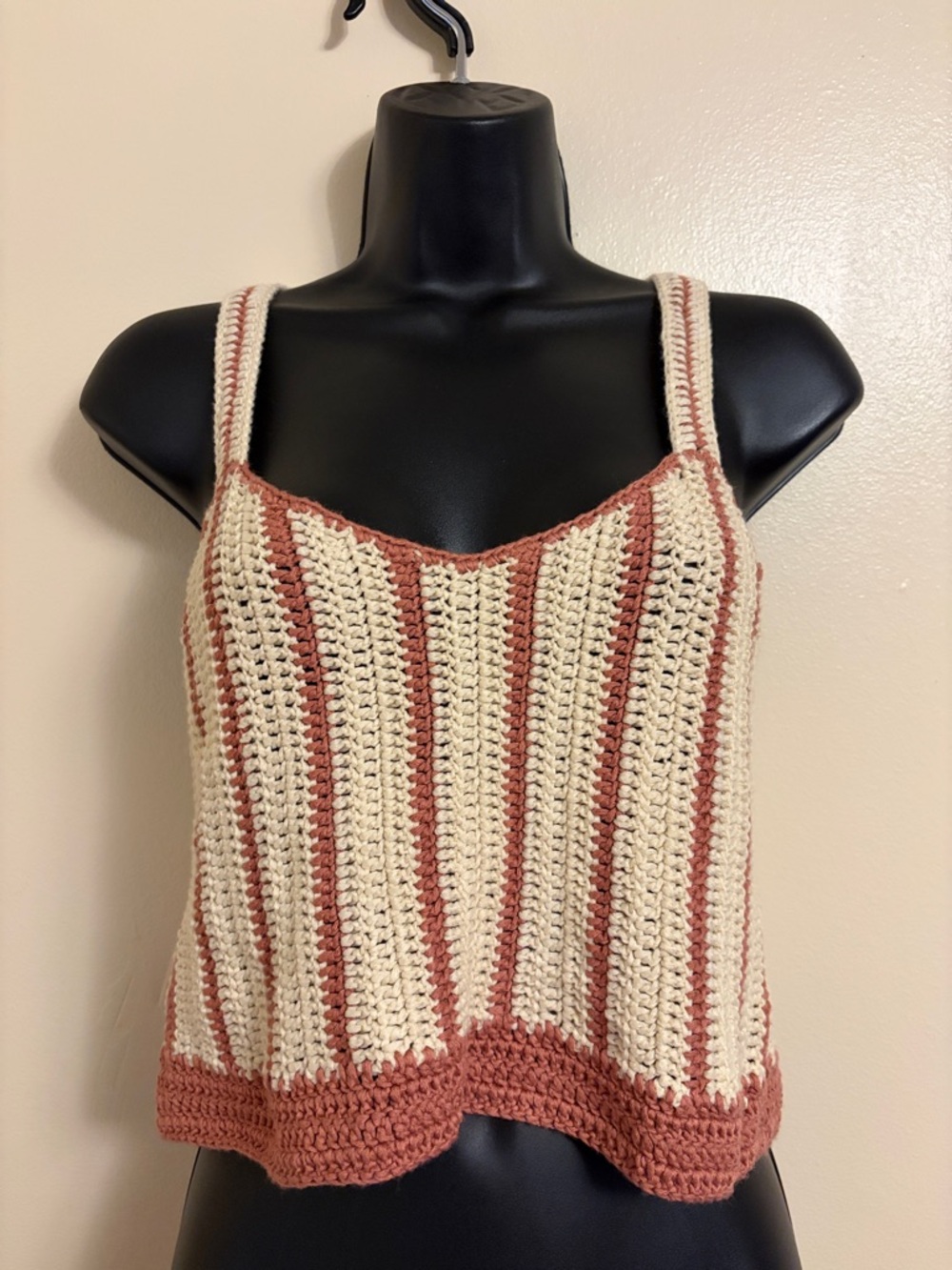 Listicle Cream and Dusty Rose Crochet Striped Tank Top